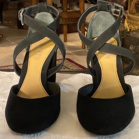 NEW Ralph Lauren - Fana Black Criss Cross Strap Suede Block Heels Size 8.5 B - Picture 4 of 10